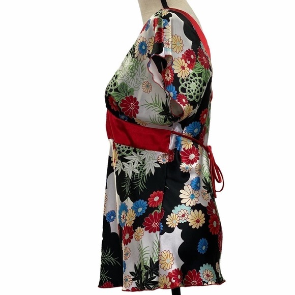 ESTAM Red Floral V-Neck Blouse Size Large - Picture 3 of 14